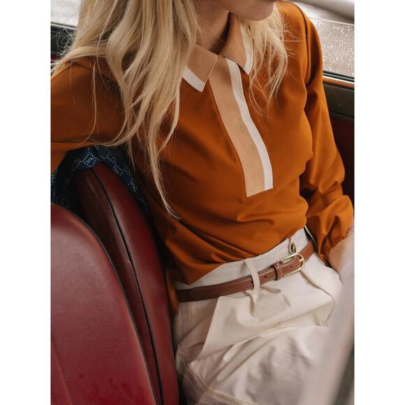 A. Putnam Long Sleeve Polo Golf Shirt in Terra Orange Brown Stripe Trim M - Picture 6 of 14